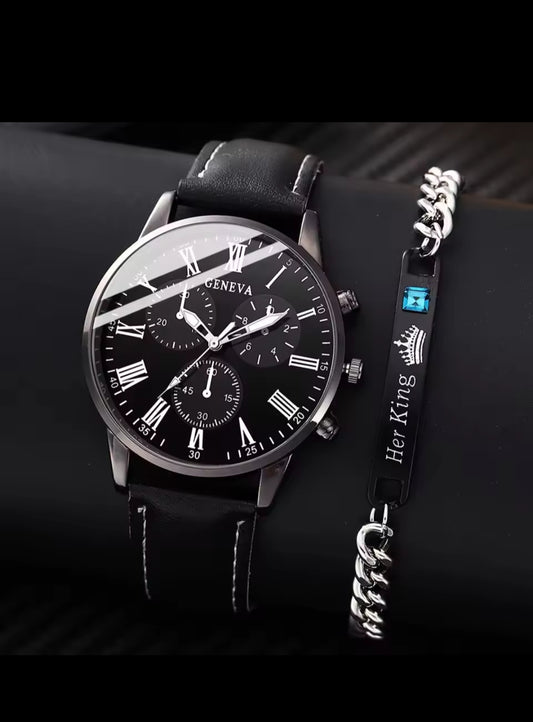 Geneva Chronograph Style Watch with Premium Bracelet (Black Edition)